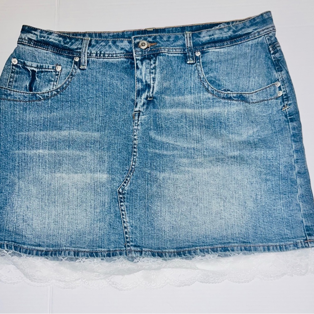 Denim Mini Skirt with Lace Trim